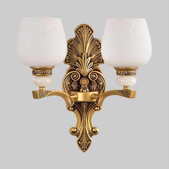 Antiqued White Glass Cup Wall Sconce - Brass 1/2 Heads Mount Lamp For Bedroom Lighting