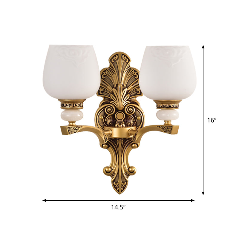 Antiqued White Glass Cup Wall Sconce - Brass 1/2 Heads Mount Lamp For Bedroom Lighting