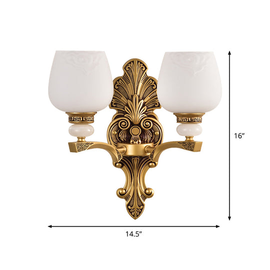 Antiqued White Glass Cup Wall Sconce - Brass 1/2 Heads Mount Lamp For Bedroom Lighting