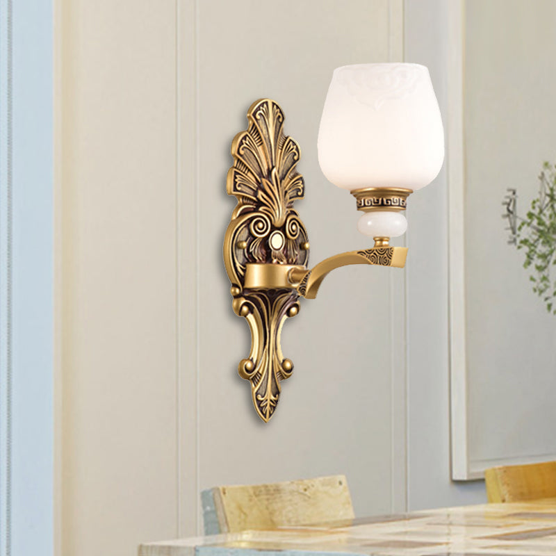 Antiqued White Glass Cup Wall Sconce - Brass 1/2 Heads Mount Lamp For Bedroom Lighting 1 /