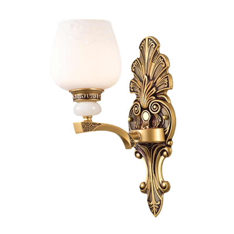 Antiqued White Glass Cup Wall Sconce - Brass 1/2 Heads Mount Lamp For Bedroom Lighting