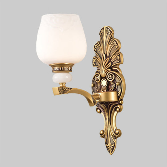 Antiqued White Glass Cup Wall Sconce - Brass 1/2 Heads Mount Lamp For Bedroom Lighting