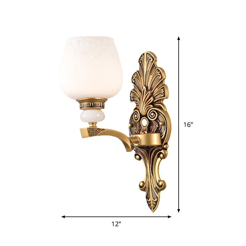 Antiqued White Glass Cup Wall Sconce - Brass 1/2 Heads Mount Lamp For Bedroom Lighting