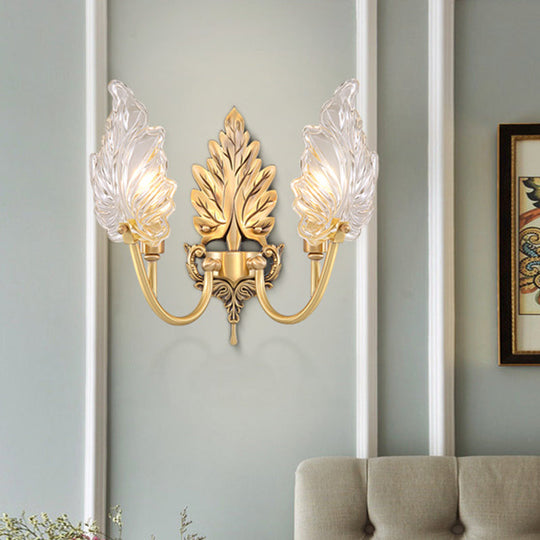 Brass Arched Wall Sconce With Clear Glass And Palm Leaf Design 1-2 Lights 2 /