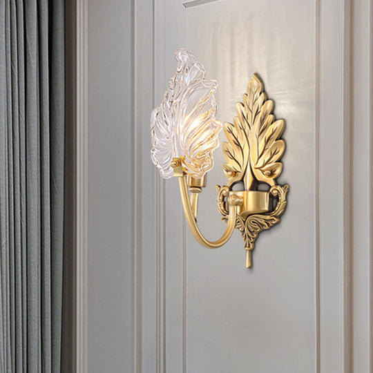 Brass Arched Wall Sconce With Clear Glass And Palm Leaf Design 1-2 Lights