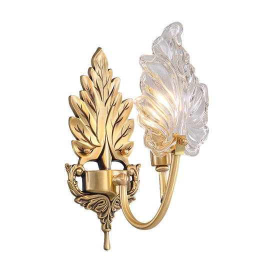 Brass Arched Wall Sconce With Clear Glass And Palm Leaf Design 1-2 Lights