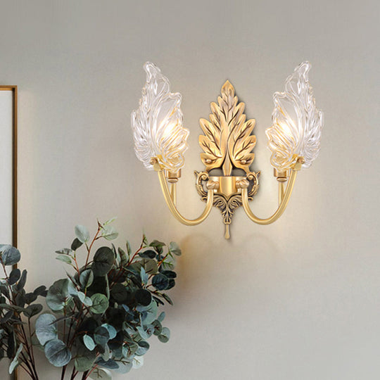 Brass Arched Wall Sconce With Clear Glass And Palm Leaf Design 1-2 Lights