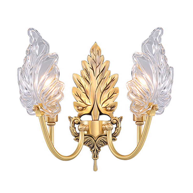 Brass Arched Wall Sconce With Clear Glass And Palm Leaf Design 1-2 Lights