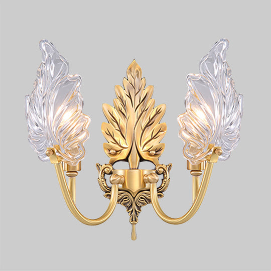 Brass Arched Wall Sconce With Clear Glass And Palm Leaf Design 1-2 Lights