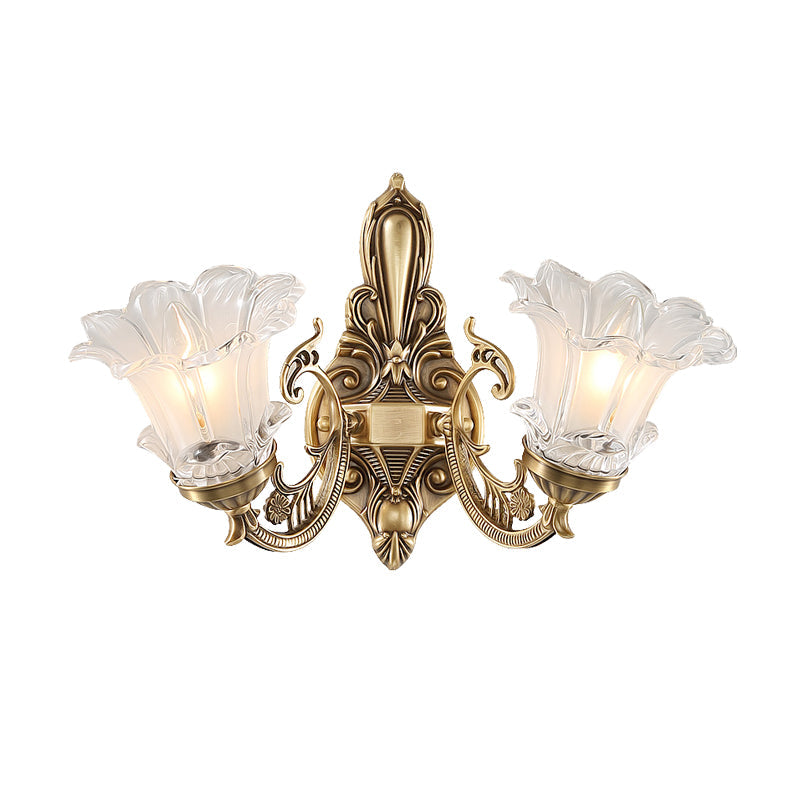 Vintage Brass Floral Wall Lamp With Fluted Glass And Curved Arm Sconce Lighting For Living Room