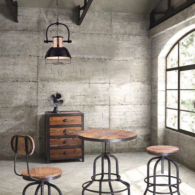 Matte Black Industrial Pendant Light with Dome Shade, Glass Diffuser, and Wire Cage - 1 Light Ceiling Fixture