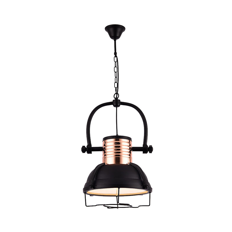 Matte Black Industrial Pendant Light with Dome Shade, Glass Diffuser, and Wire Cage - 1 Light Ceiling Fixture