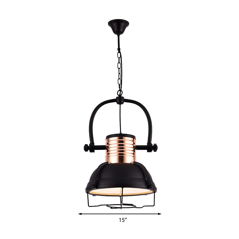 Matte Black Industrial Pendant Light with Dome Shade, Glass Diffuser, and Wire Cage - 1 Light Ceiling Fixture