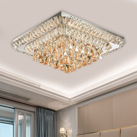 Modern Crystal LED Square Flush-Mount Light in Chrome - Close to Ceiling Lighting Fixture