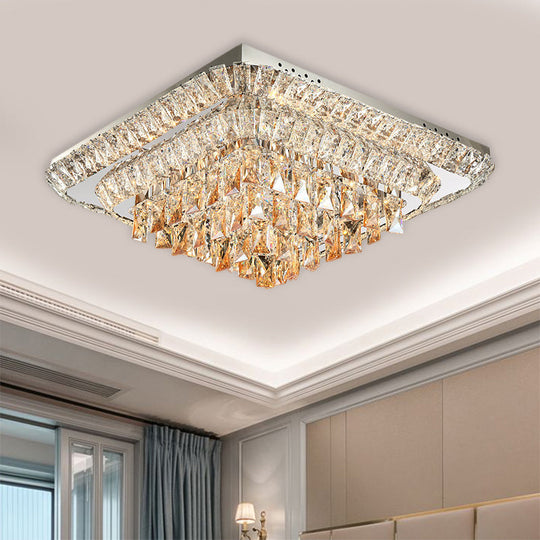 Modern Crystal Led Square Flush-Mount Light In Chrome - Close To Ceiling Lighting Fixture