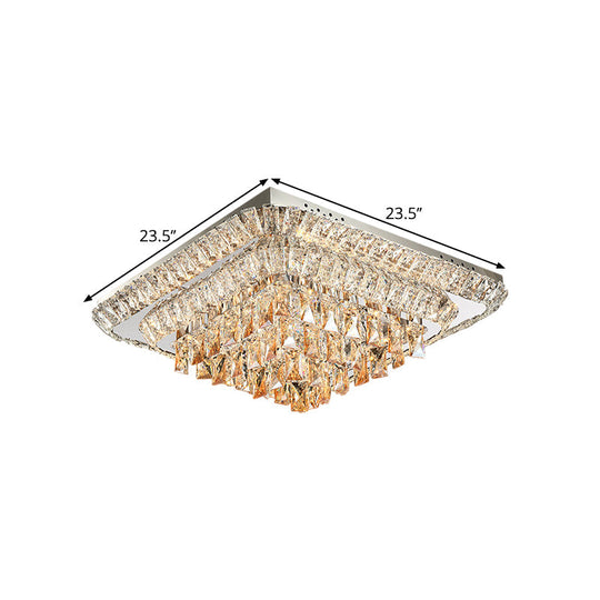 Modern Crystal LED Square Flush-Mount Light in Chrome - Close to Ceiling Lighting Fixture