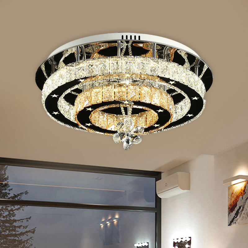 Contemporary Chrome LED Flush Mount Ceiling Light with Cut Crystal Ring and Star Design - 15.5"/19.5" Wide