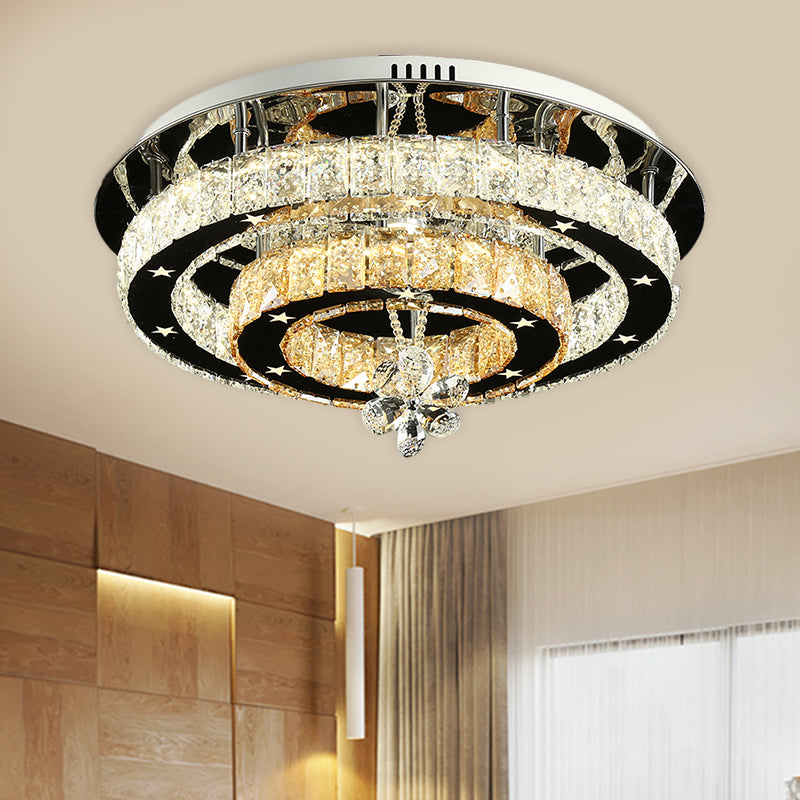 Contemporary Chrome LED Flush Mount Ceiling Light with Cut Crystal Ring and Star Design - 15.5"/19.5" Wide