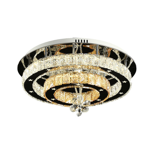 Contemporary Chrome LED Flush Mount Ceiling Light with Cut Crystal Ring and Star Design - 15.5"/19.5" Wide