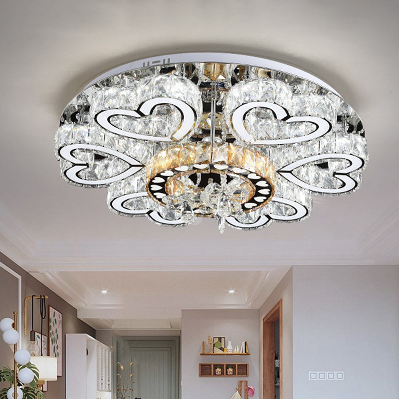 Crystal Block Flush Mount Ceiling Light with Chrome Heart-shaped LED for Contemporary Sitting Room