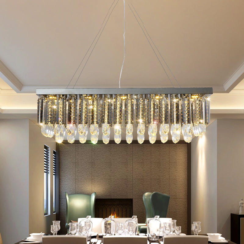 Modern Chrome Led Island Pendant Light With Rectangular Crystal Drip Design 23.5/31.5 Width / 23.5