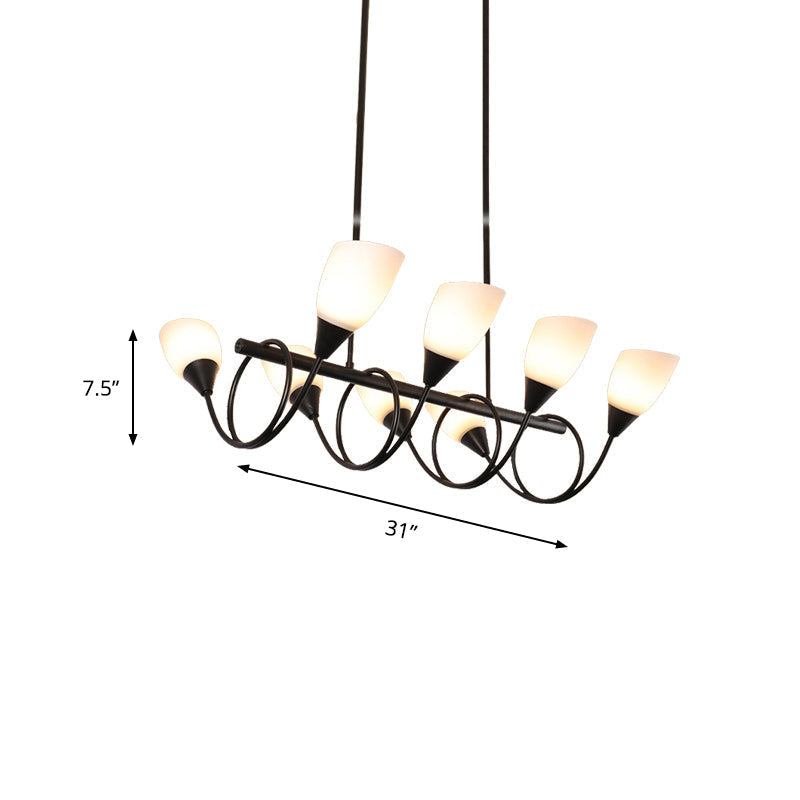 Vintage Black Cup Chandelier Light - 6/8/10 Lights White Glass Led Pendant Lamp With Linear Design