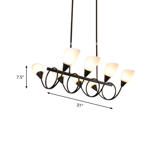 Vintage Black Cup Chandelier Light - 6/8/10 Lights White Glass Led Pendant Lamp With Linear Design