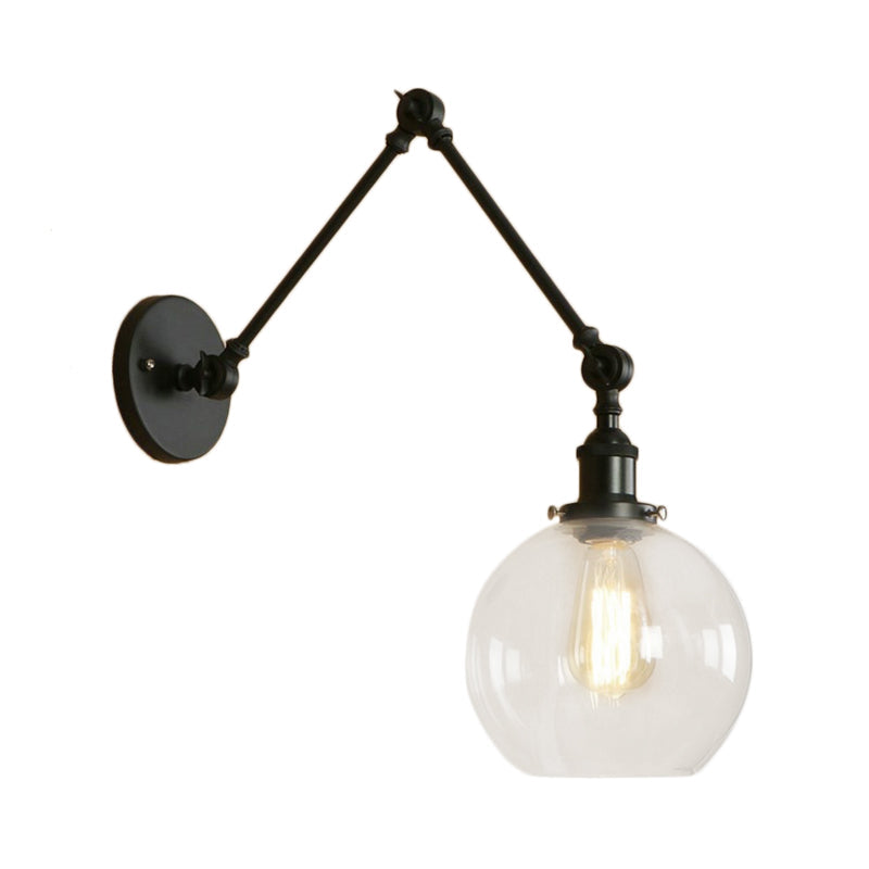 Industrial Bedroom Wall Sconce Lighting Fixture With Clear Glass Globe Shade - Black/Antique