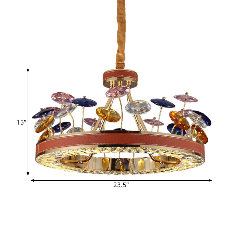 Macaron Crystal Bedroom Chandelier Pendant Light - Red Hoop LED Hanging Lamp with Colorful Mushroom Decor (19.5"/23.5" W)