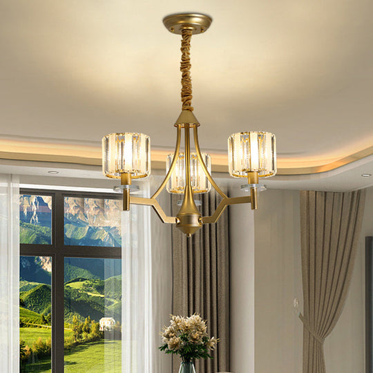 Gold Prismatic Crystal Cylinder Chandelier Lamp with 3/6 Bulbs - Postmodern Hanging Light