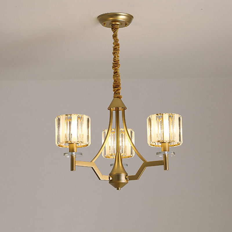 Modern Gold Cylinder Chandelier Lamp: Prismatic Crystal Hanging Light (3/6 Bulbs)