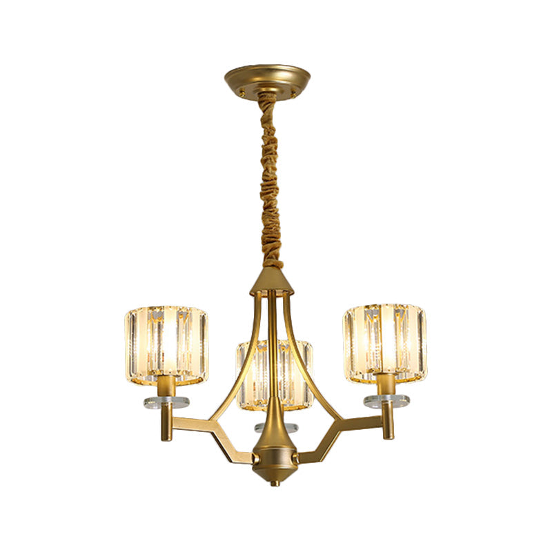 Modern Gold Cylinder Chandelier Lamp: Prismatic Crystal Hanging Light (3/6 Bulbs)