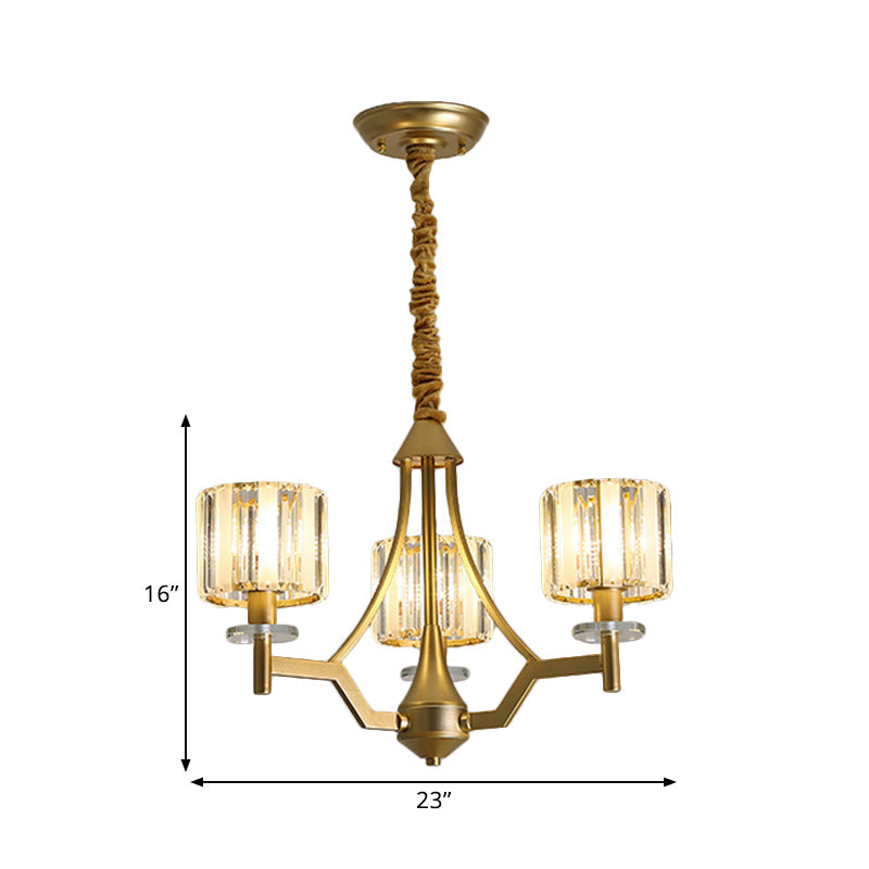 Modern Gold Cylinder Chandelier Lamp: Prismatic Crystal Hanging Light (3/6 Bulbs)