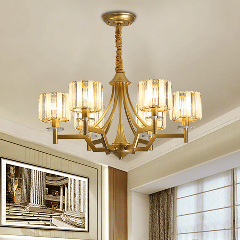 Gold Prismatic Crystal Cylinder Chandelier Lamp with 3/6 Bulbs - Postmodern Hanging Light