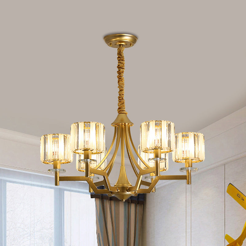 Modern Gold Cylinder Chandelier Lamp: Prismatic Crystal Hanging Light (3/6 Bulbs)