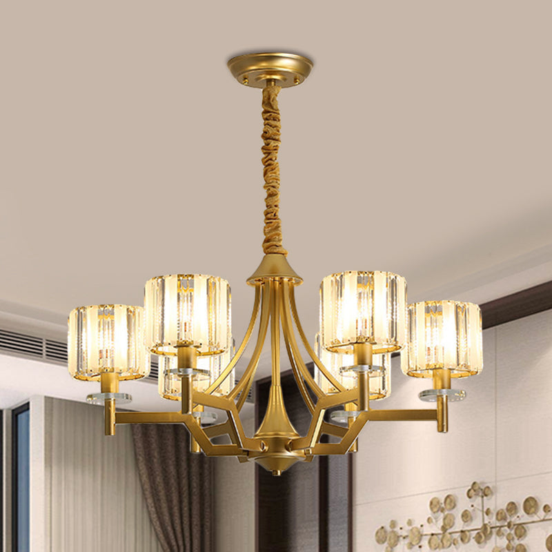 Modern Gold Cylinder Chandelier Lamp: Prismatic Crystal Hanging Light (3/6 Bulbs)