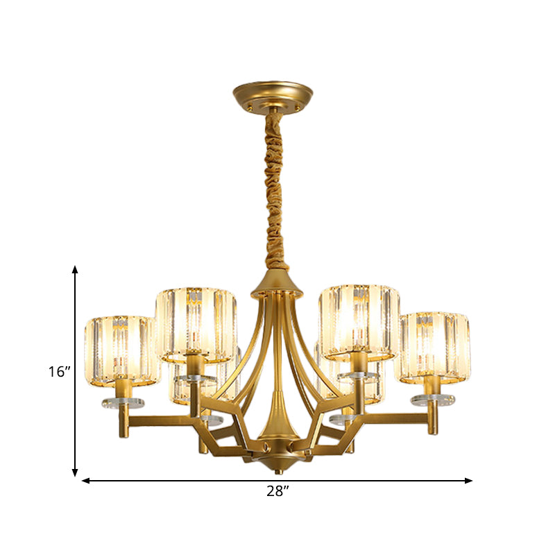 Modern Gold Cylinder Chandelier Lamp: Prismatic Crystal Hanging Light (3/6 Bulbs)