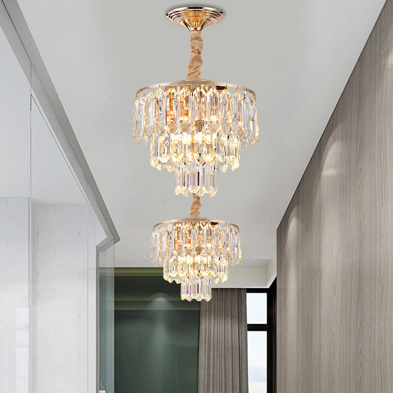 Modern Gold 3-Tier Crystal Rod Drop Lamp - 2-Light Foyer Ceiling Chandelier