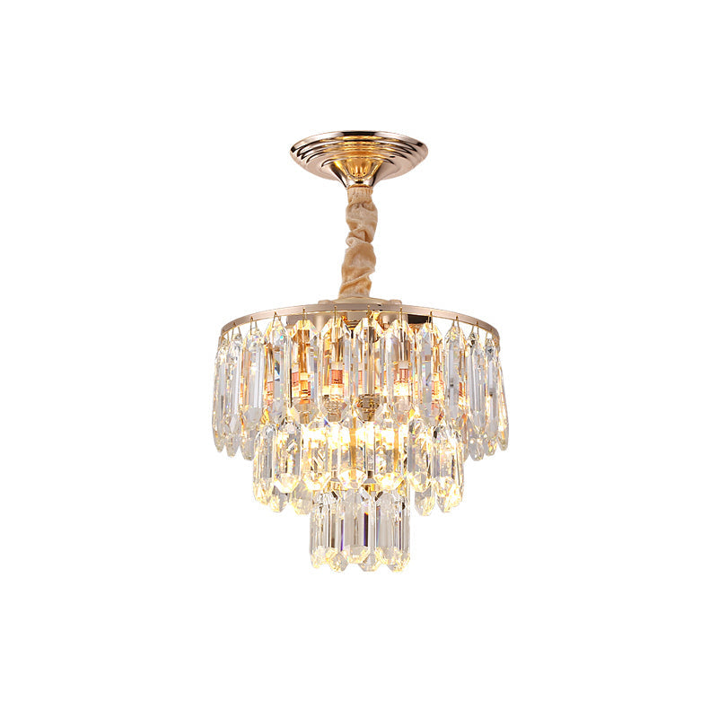 Modern Gold 3-Tier Crystal Rod Drop Lamp - 2-Light Foyer Ceiling Chandelier