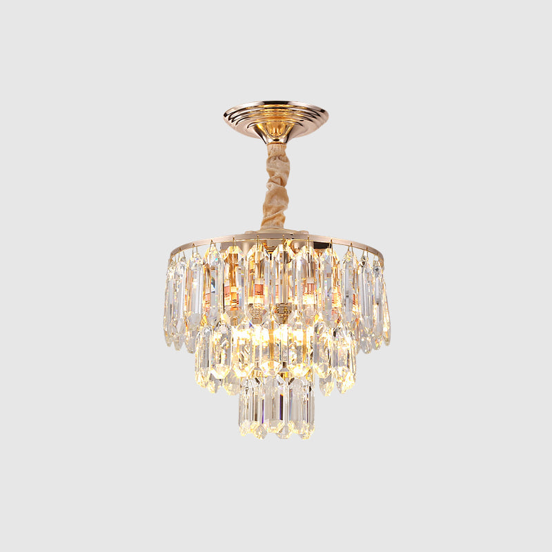 Modern Gold 3-Tier Crystal Rod Drop Lamp - 2-Light Foyer Ceiling Chandelier