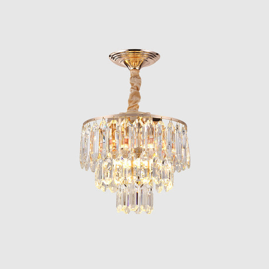 Modern Gold 3-Tier Crystal Rod Drop Lamp - 2-Light Foyer Ceiling Chandelier