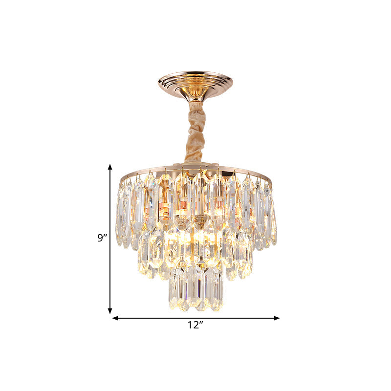 Modern Gold 3-Tier Crystal Rod Drop Lamp - 2-Light Foyer Ceiling Chandelier