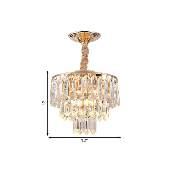 Modern Gold 3-Tier Crystal Rod Drop Lamp - 2-Light Foyer Ceiling Chandelier