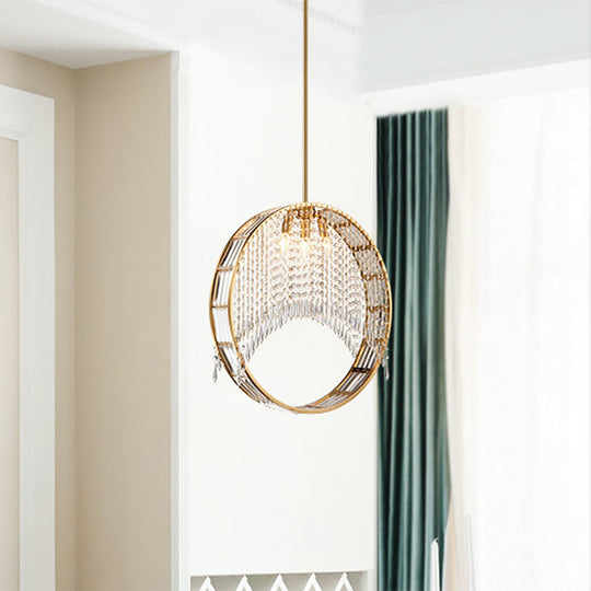 Modern Circle Drop Pendant Iron Chandelier - Gold with Crystal Drapes