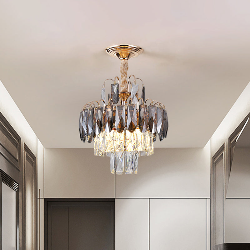 Gold Leaf Chandelier - Modern Crystal Suspension Lamp For Balcony Ceiling (3-Head)