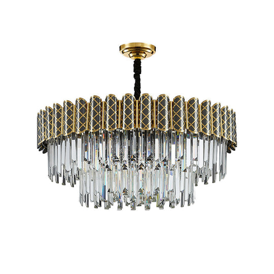 Modern 2-Tier Crystal Pendant Light With 9 Bulbs - Black-Gold Finish Living Room Chandelier