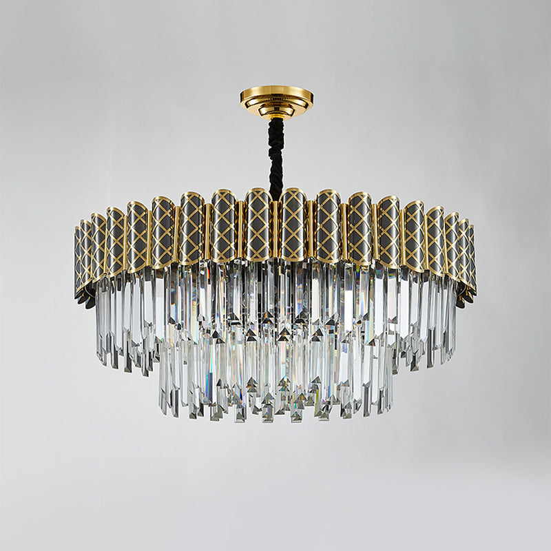 Modern 2-Tier Crystal Pendant Light With 9 Bulbs - Black-Gold Finish Living Room Chandelier