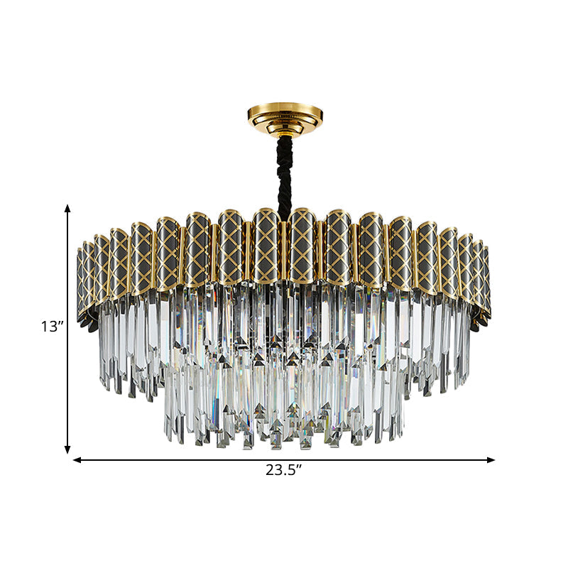 Modern 2-Tier Crystal Pendant Light With 9 Bulbs - Black-Gold Finish Living Room Chandelier