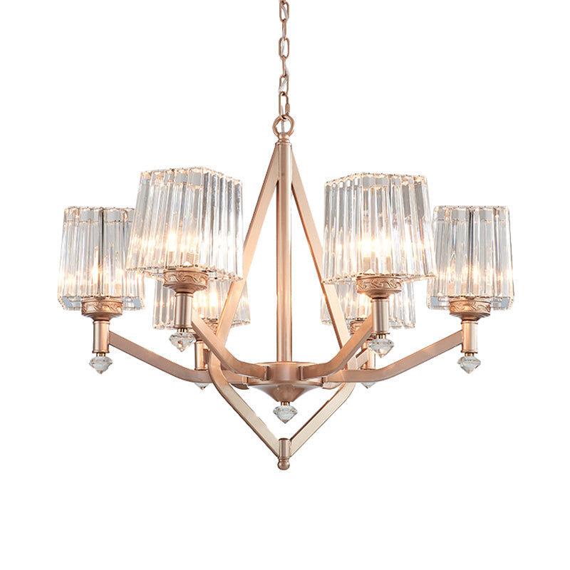 Modern Crystal Prism Rose Gold Hanging Chandelier - 6 Light-Up Cubic Lamp For Hotels