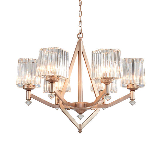 Modern Crystal Prism Rose Gold Hanging Chandelier - 6 Light-Up Cubic Lamp For Hotels